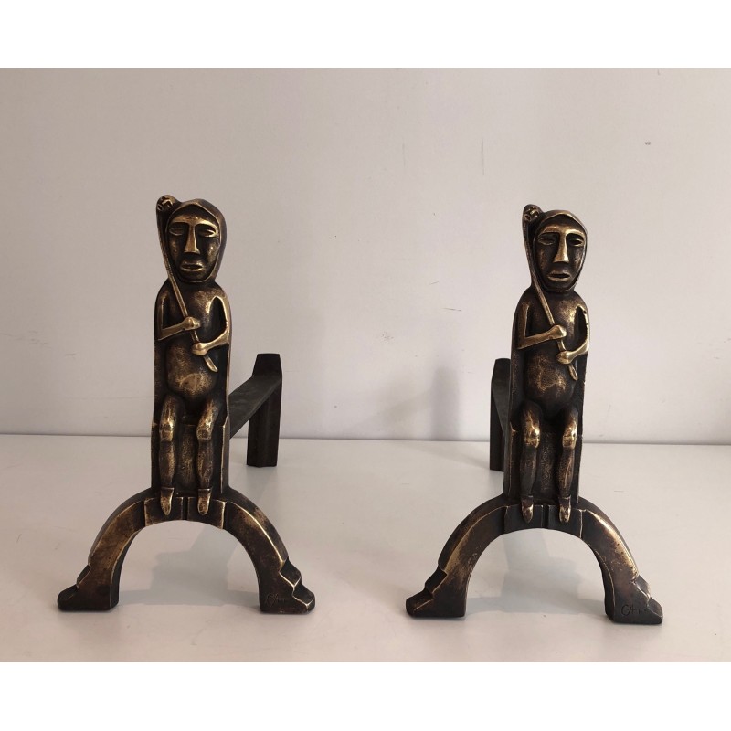 Pair of vintage bronze andirons by Anton Prinner, France 1930