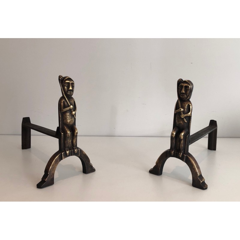 Pair of vintage bronze andirons by Anton Prinner, France 1930