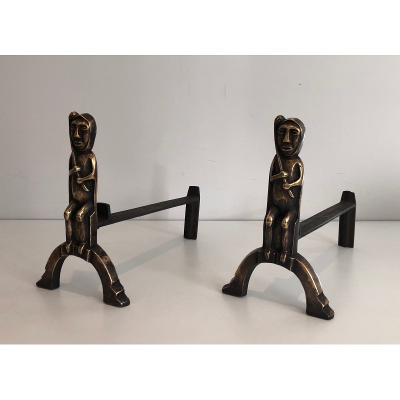 Pair of vintage bronze andirons by Anton Prinner, France 1930