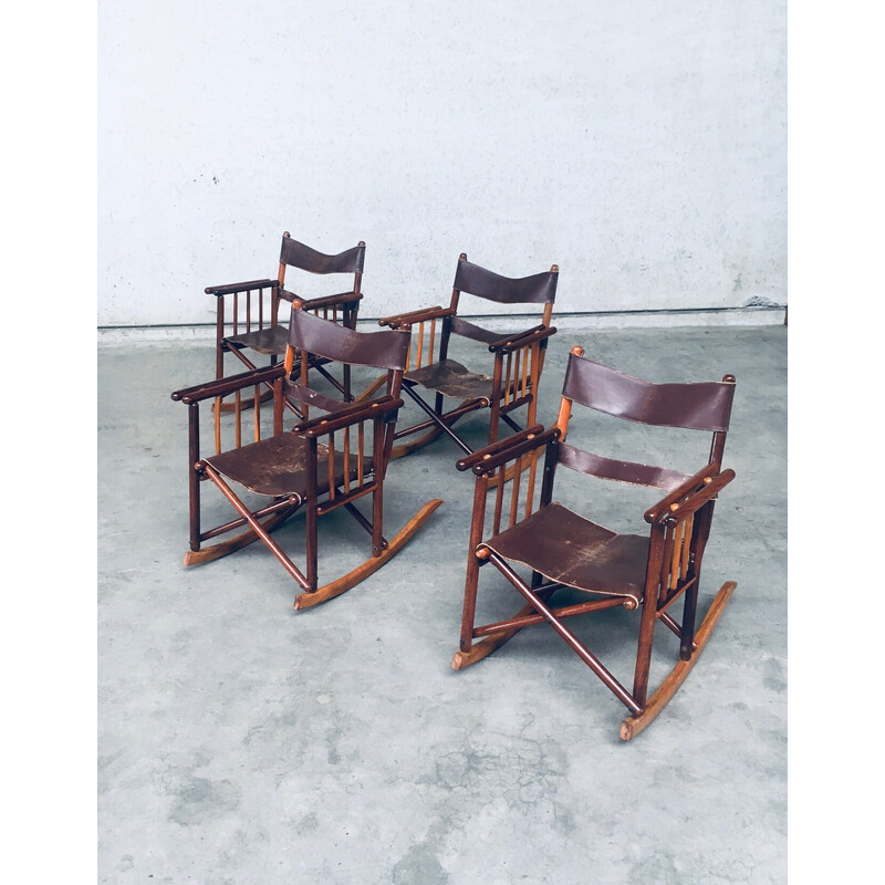 Ensemble de 4 chaises à bascule vintage Safari en bois et cuir, Costa Rica 1950-1960