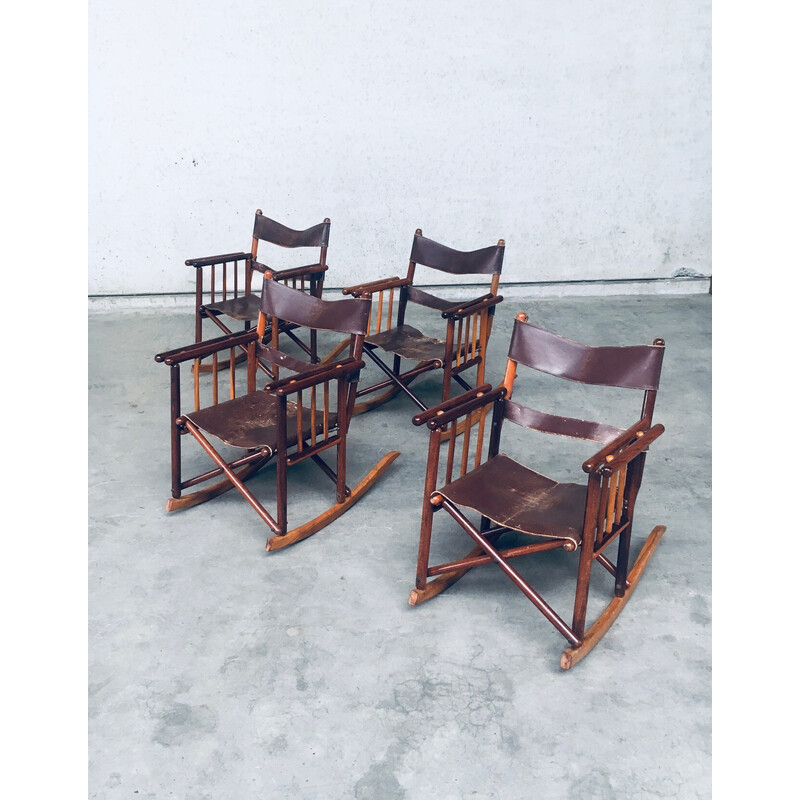 Set of 4 vintage wooden and leather Safari rocking chairs, Costa Rica 1950-1960s