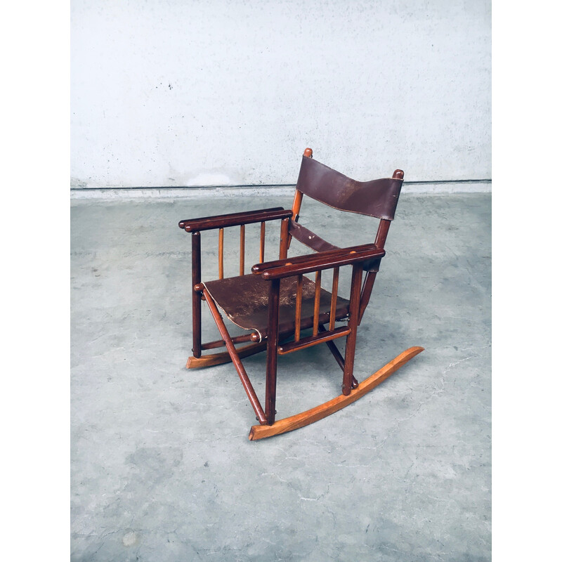 Set van 4 vintage houten en lederen Safari schommelstoelen, Costa Rica 1950-1960