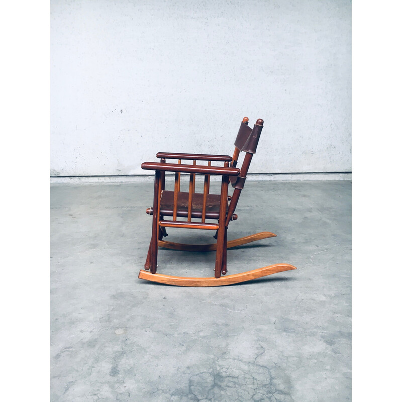 Set of 4 vintage wooden and leather Safari rocking chairs, Costa Rica 1950-1960s