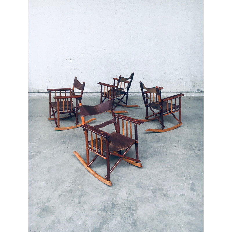 Conjunto de 4 cadeiras de baloiço Safari de madeira e couro vintage, Costa Rica 1950-1960