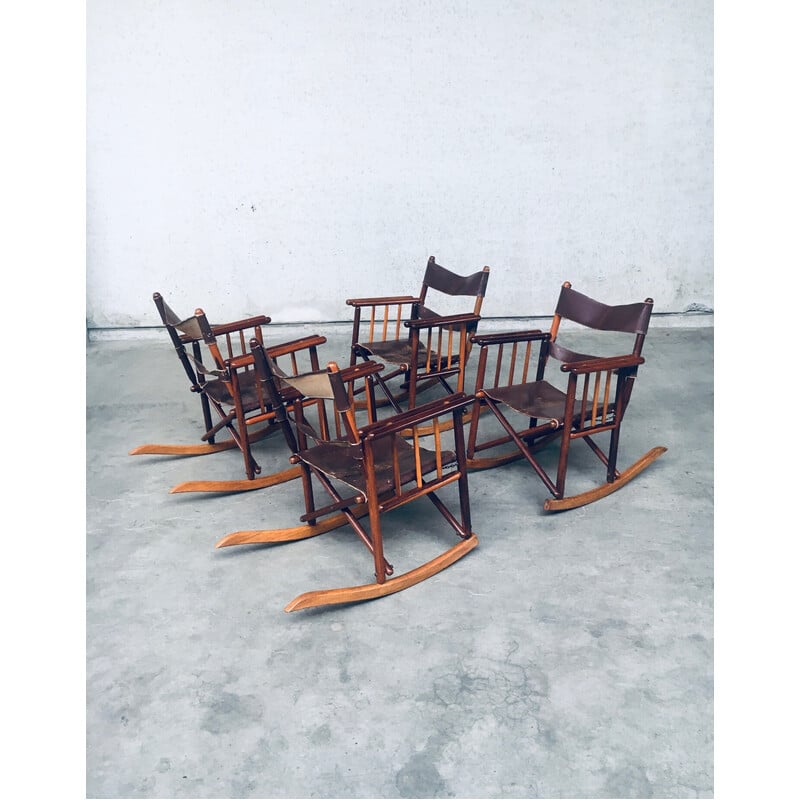 Ensemble de 4 chaises à bascule vintage Safari en bois et cuir, Costa Rica 1950-1960