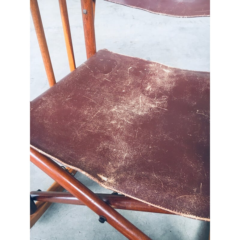 Set of 4 vintage wooden and leather Safari rocking chairs, Costa Rica 1950-1960s