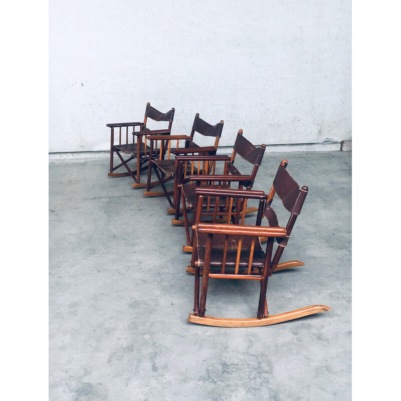 Ensemble de 4 chaises à bascule vintage Safari en bois et cuir, Costa Rica 1950-1960