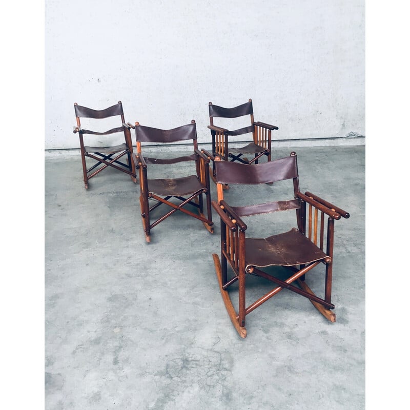 Ensemble de 4 chaises à bascule vintage Safari en bois et cuir, Costa Rica 1950-1960