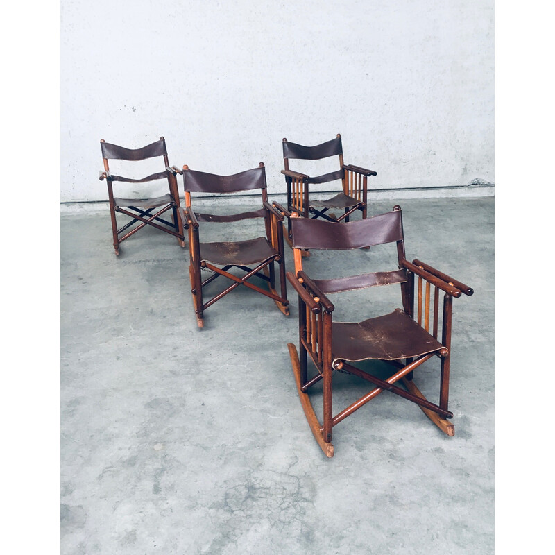 Set of 4 vintage wooden and leather Safari rocking chairs, Costa Rica 1950-1960s