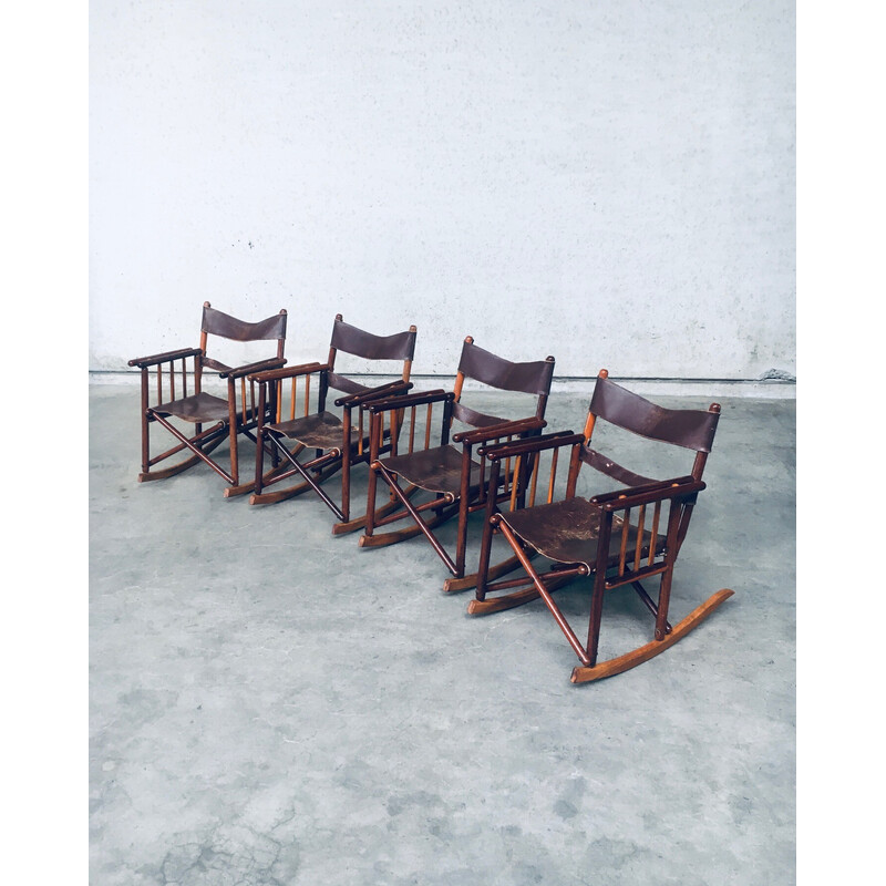 Ensemble de 4 chaises à bascule vintage Safari en bois et cuir, Costa Rica 1950-1960