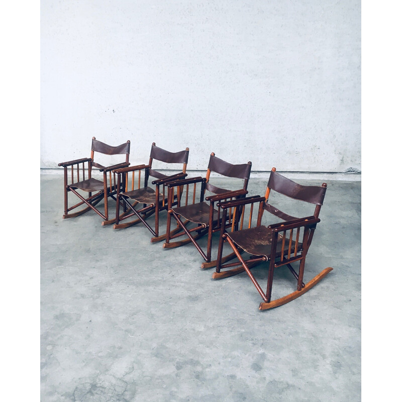Set di 4 sedie a dondolo Safari vintage in legno e pelle, Costa Rica 1950-1960