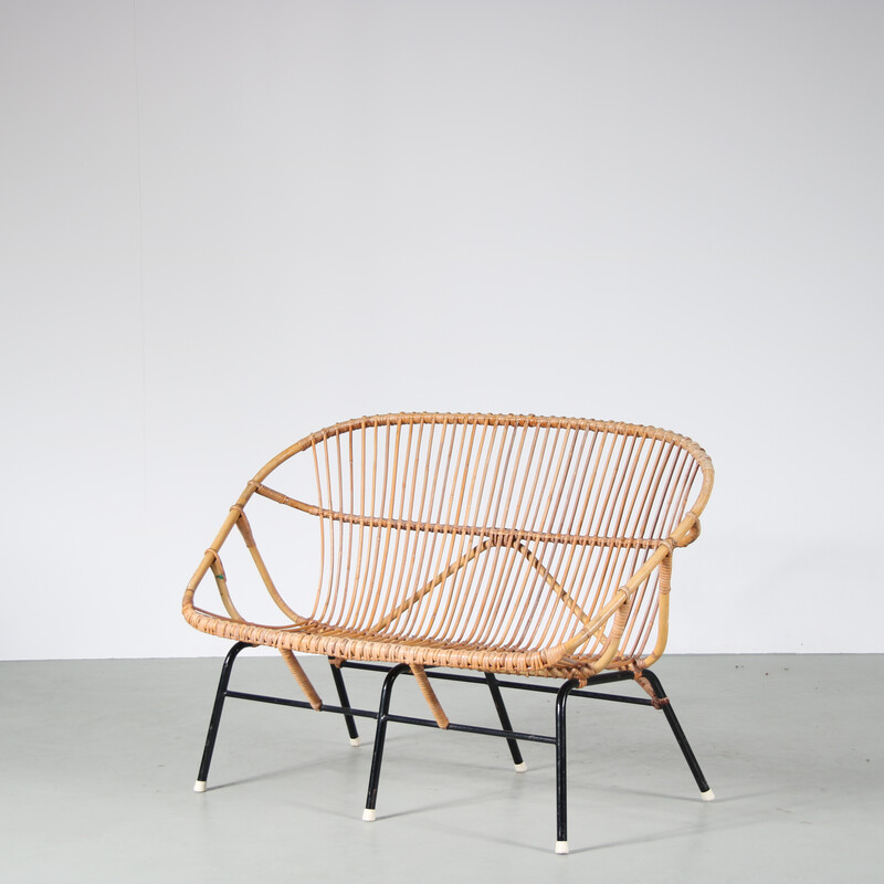 Vintage rattan and metal sofa for Rohé, Netherlands 1950s