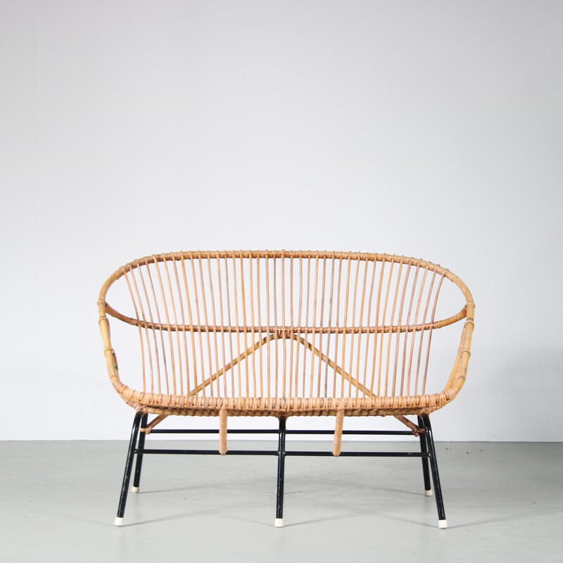 Vintage rattan and metal sofa for Rohé, Netherlands 1950s