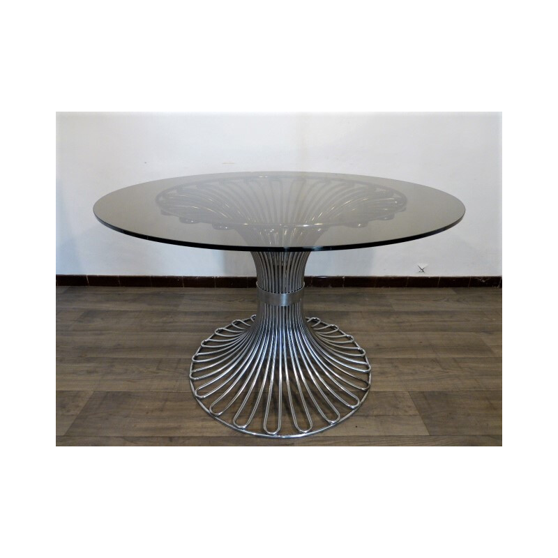Table à manger ronde verre et métal chromé - 1970