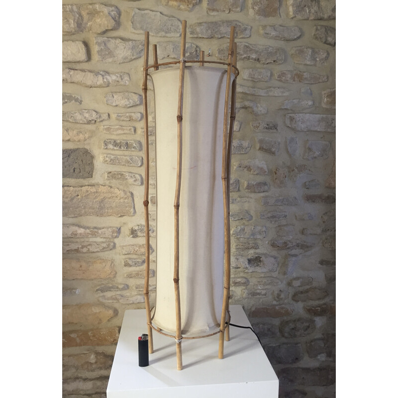 Lampada vintage in bambù e cotone di Louis Sognot