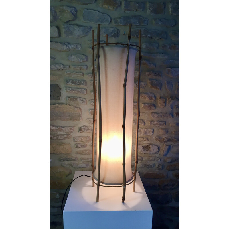 Lampe vintage en bambou et coton par Louis Sognot