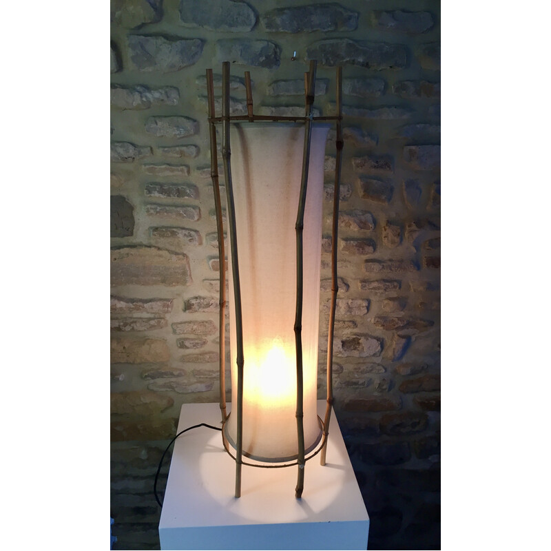 Lampada vintage in bambù e cotone di Louis Sognot
