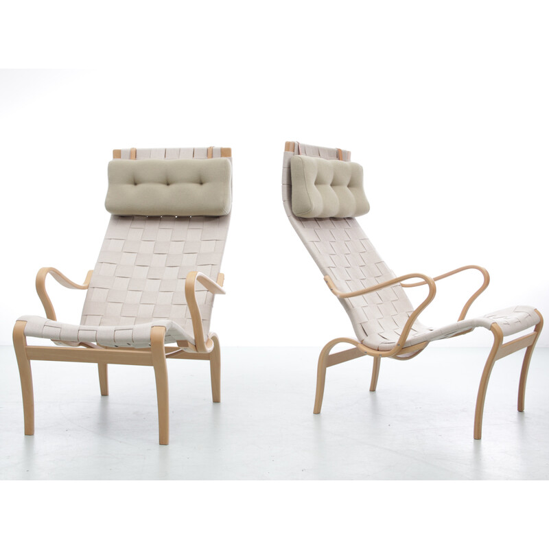 Pair of Scandinavian vintage lounge chairs "Miranda" in beech and Kvadrat fabric by Bruno Mathsson, 2010