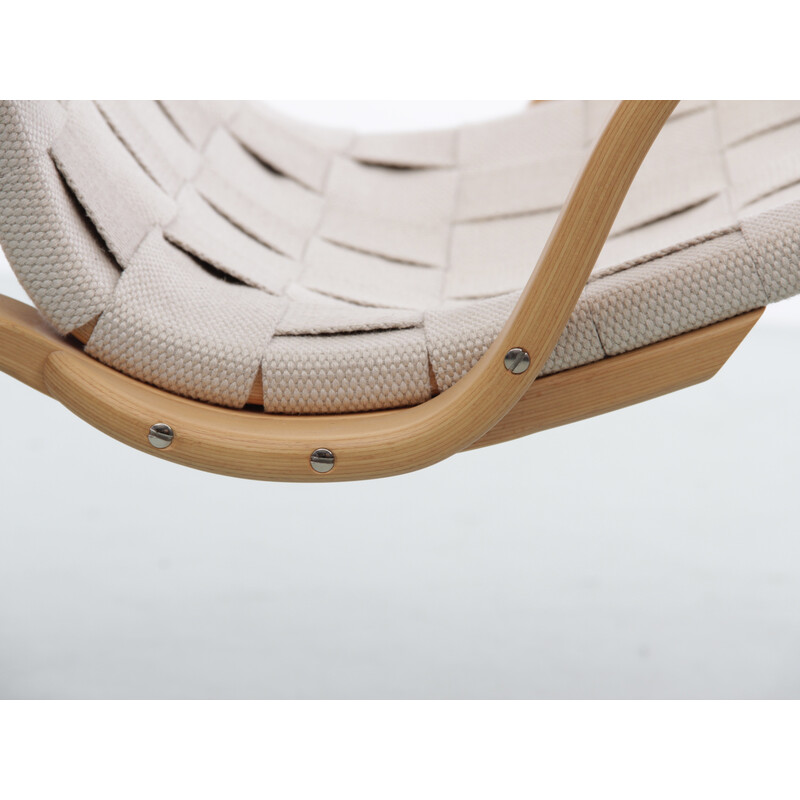 Pair of Scandinavian vintage lounge chairs "Miranda" in beech and Kvadrat fabric by Bruno Mathsson, 2010