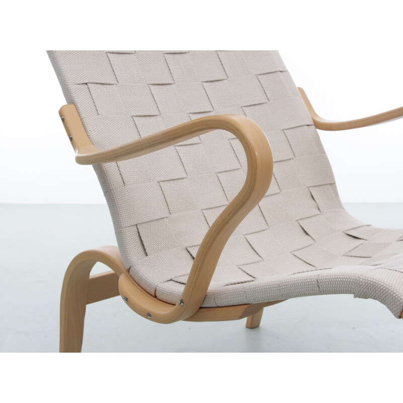 Pair of Scandinavian vintage lounge chairs "Miranda" in beech and Kvadrat fabric by Bruno Mathsson, 2010