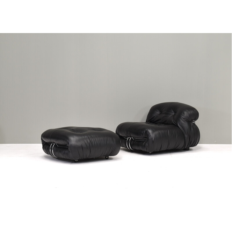 Vintage black leather Soriana armchair and ottoman by Tobia Scarpa for Cassina, Italy 1969