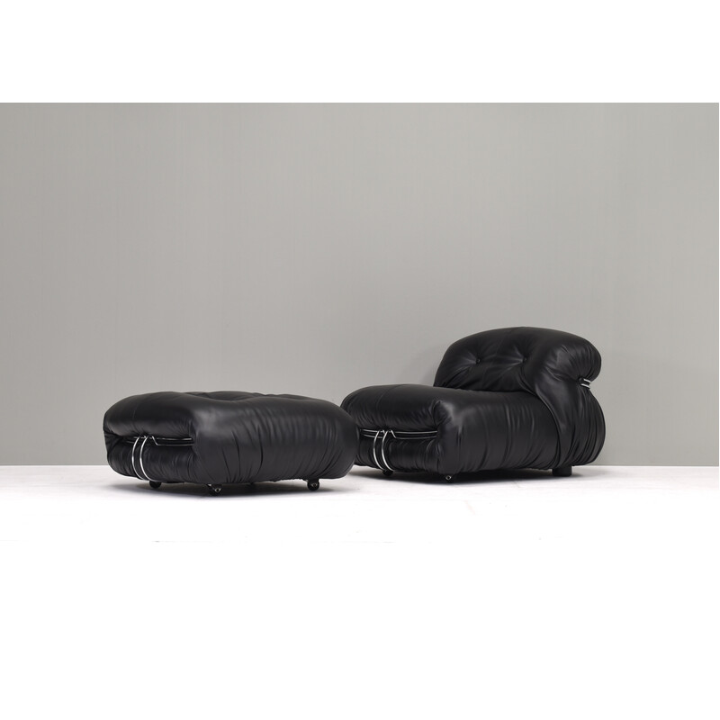 Vintage black leather Soriana armchair and ottoman by Tobia Scarpa for Cassina, Italy 1969