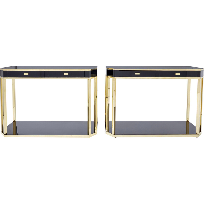 Pair of vintage black lacquered and brass consoles by Jean-Claude Mahey for Maison Romeo, 1970s