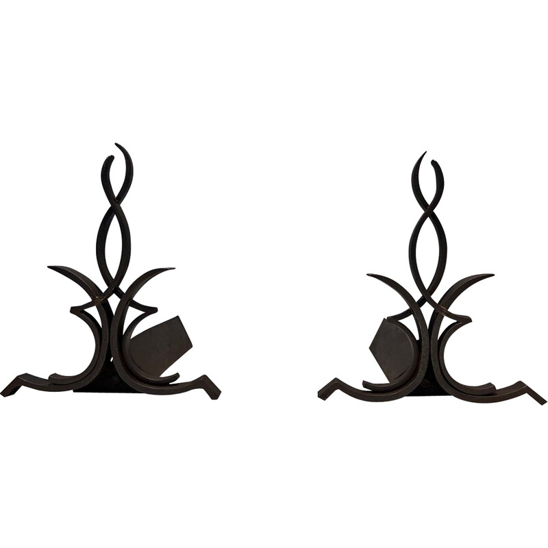 Pair of vintage wrought iron and cast iron andirons by Raymond Subes, France 1940s