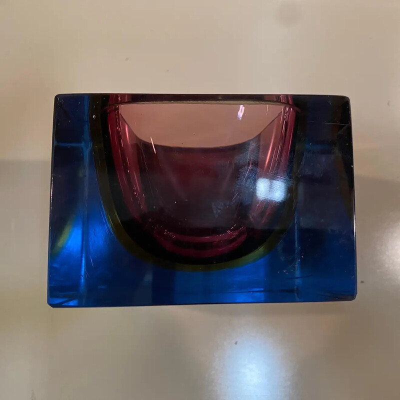 Vintage pink and purple Sommerso Murano glass cubic ashtray by Mandruzzato, 1970s