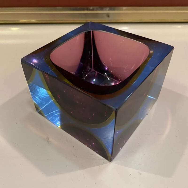 Vintage pink and purple Sommerso Murano glass cubic ashtray by Mandruzzato, 1970s