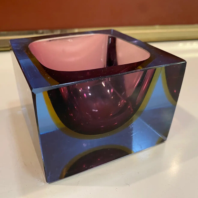 Vintage pink and purple Sommerso Murano glass cubic ashtray by Mandruzzato, 1970s