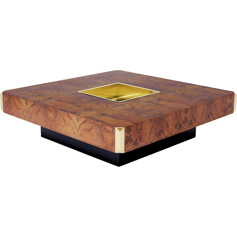 Square vintage coffee table in burr wood and brass, Mario Sabot 1970