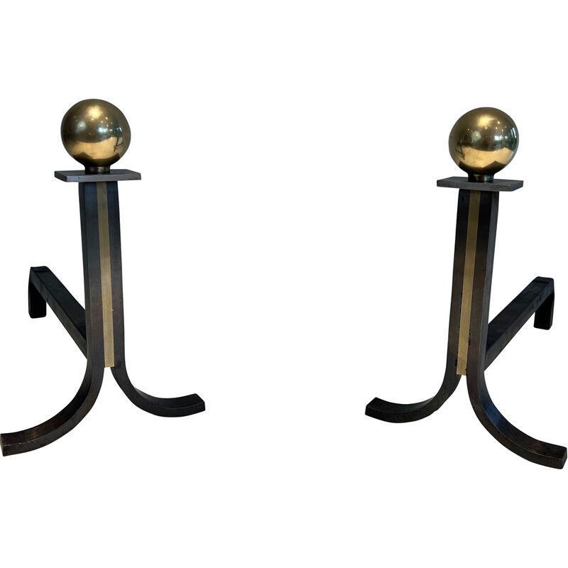 Pair of vintage steel, brass and wrought iron andirons, France 1970s