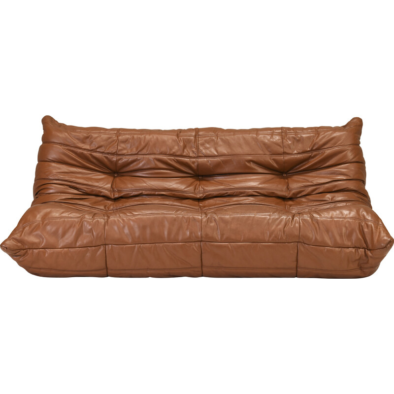 Vintage beige leather Togo sofa by Michel Ducaroy for Ligne Roset, France 1970s