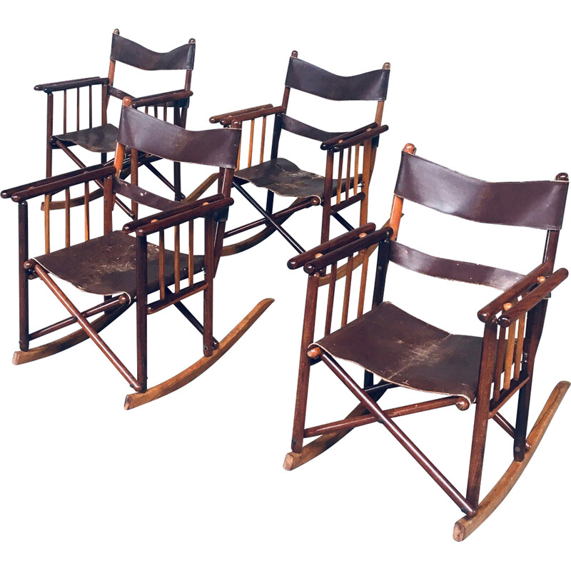 Conjunto de 4 cadeiras de baloiço Safari de madeira e couro vintage, Costa Rica 1950-1960