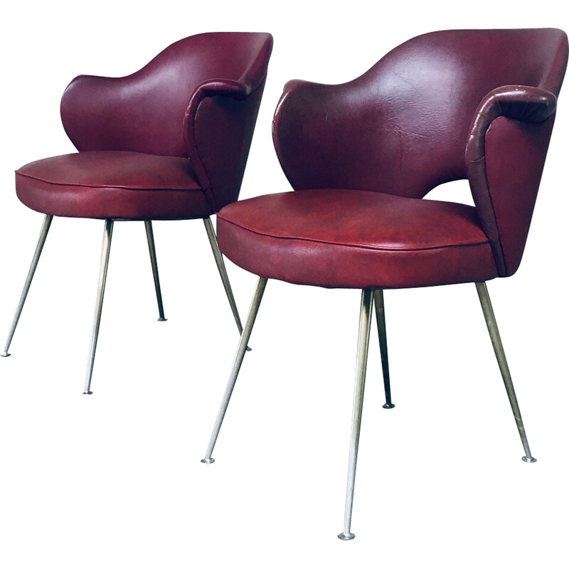 Pair of vintage desk chairs in burgundy leatherette, metal and brass, Italy 1950