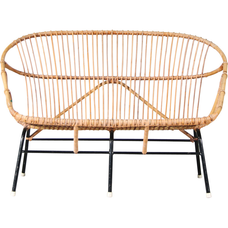 Divano vintage in rattan e metallo per Rohé, Paesi Bassi 1950