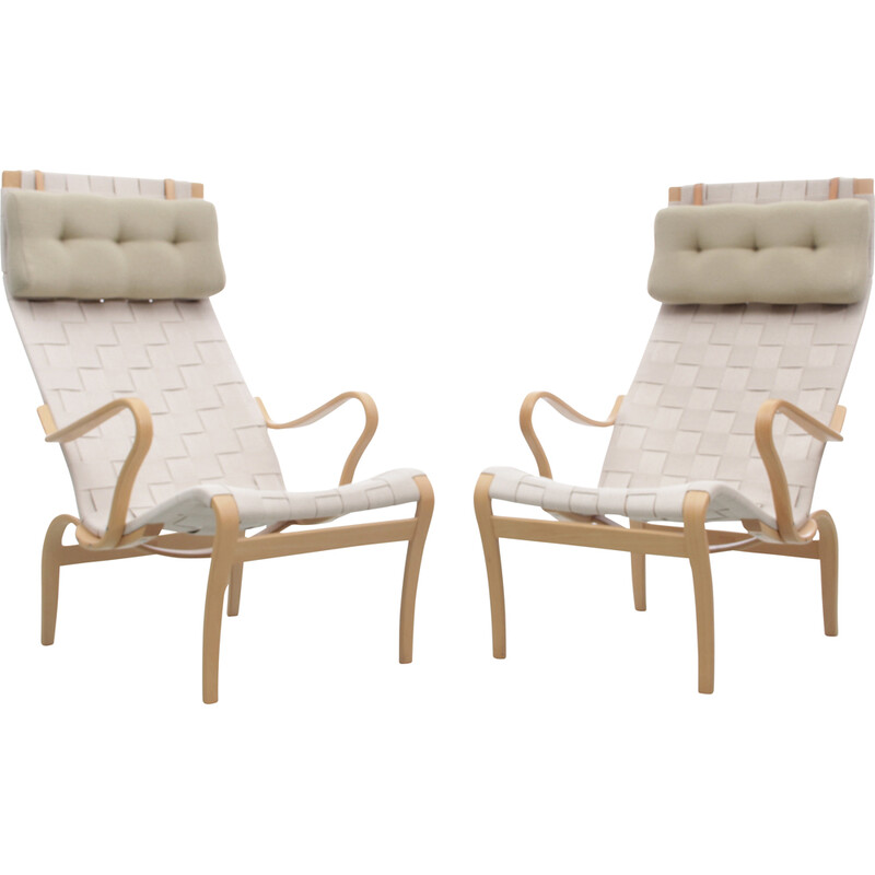 Pair of Scandinavian vintage lounge chairs "Miranda" in beech and Kvadrat fabric by Bruno Mathsson, 2010