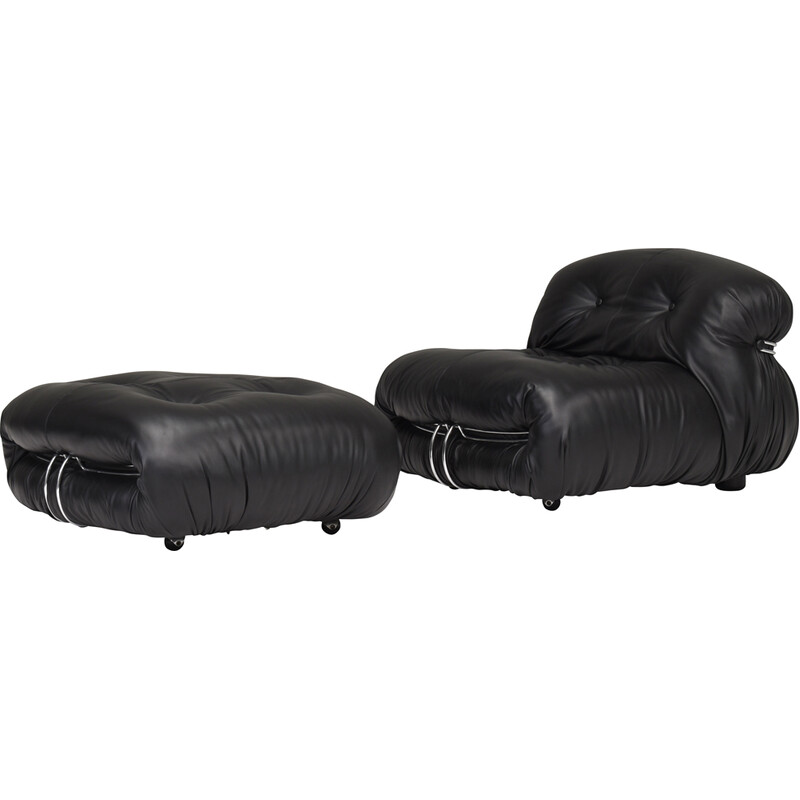 Sillón y otomana vintage Soriana de cuero negro por Tobia Scarpa para Cassina, Italia 1969