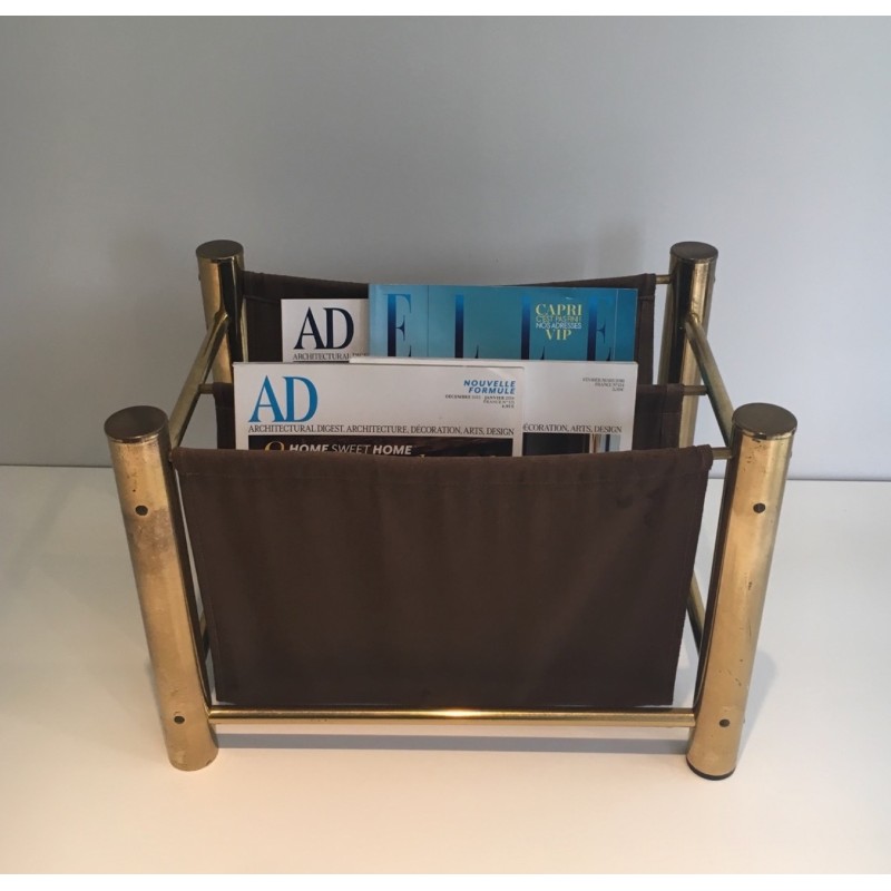 Vintage magazine rack in gilded metal and fabric, France 1970s