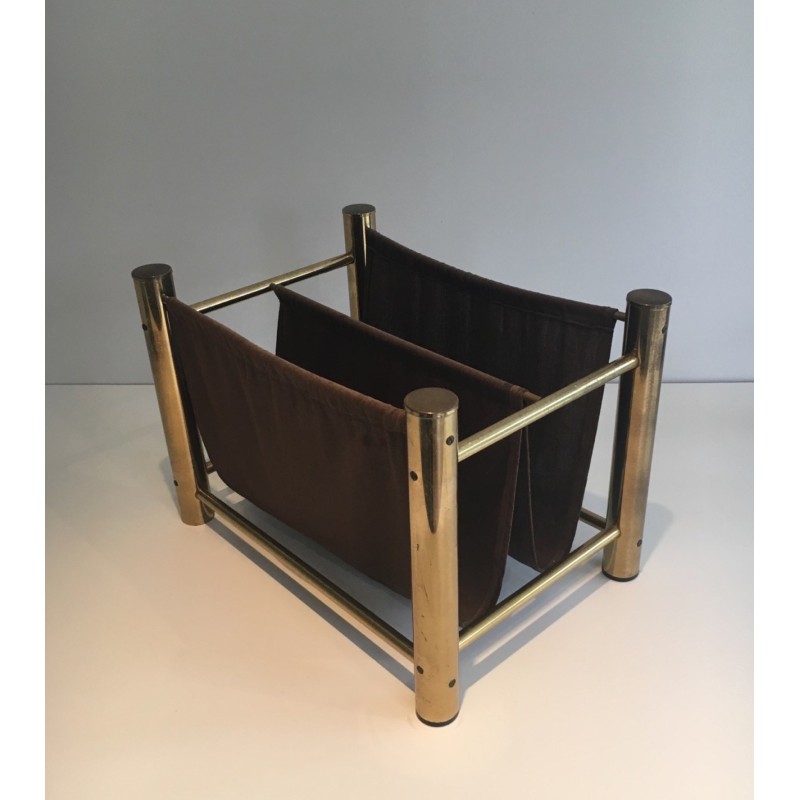 Vintage magazine rack in gilded metal and fabric, France 1970s