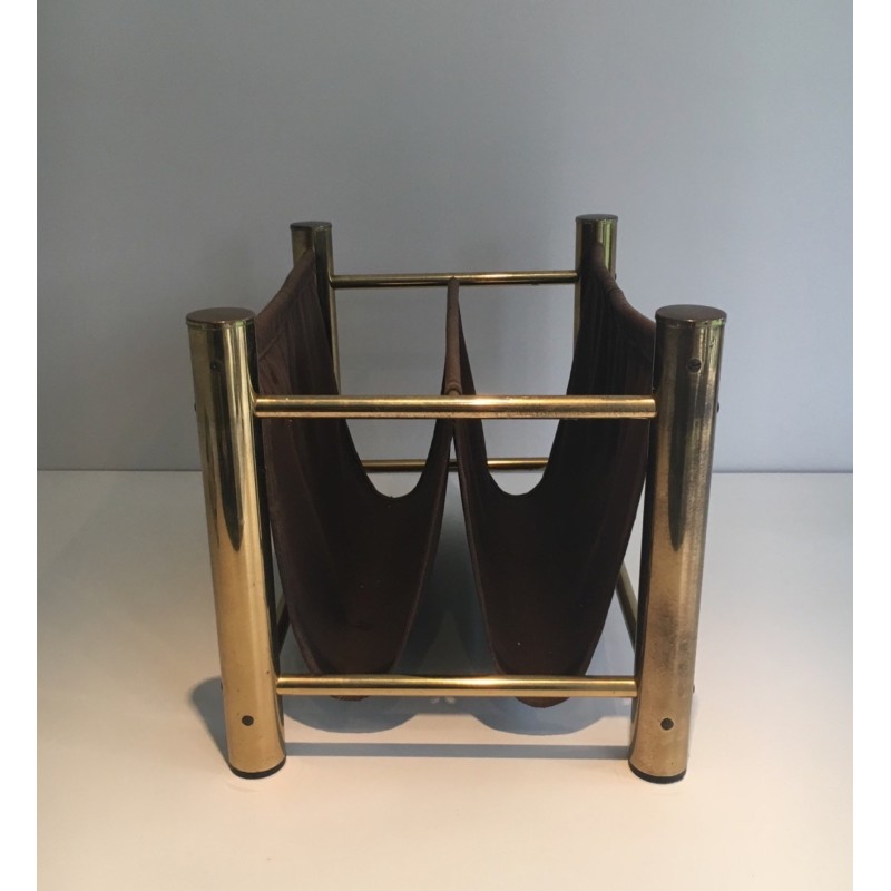 Vintage magazine rack in gilded metal and fabric, France 1970s