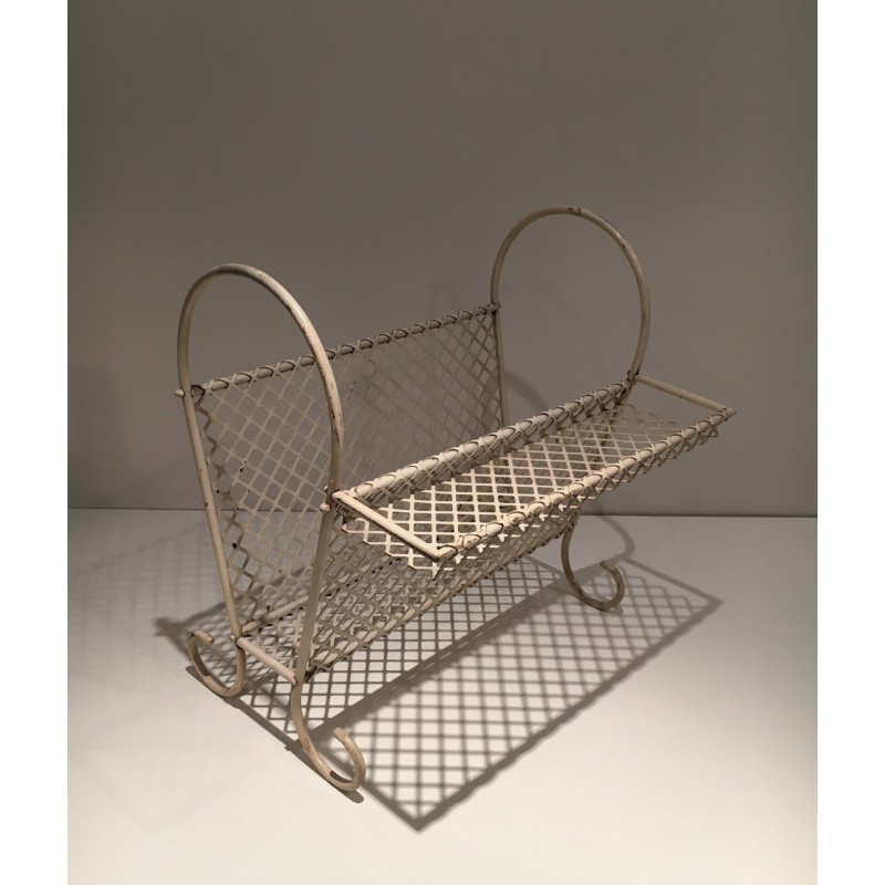 Vintage magazine rack in white lacquered metal and perforated metal, 1950