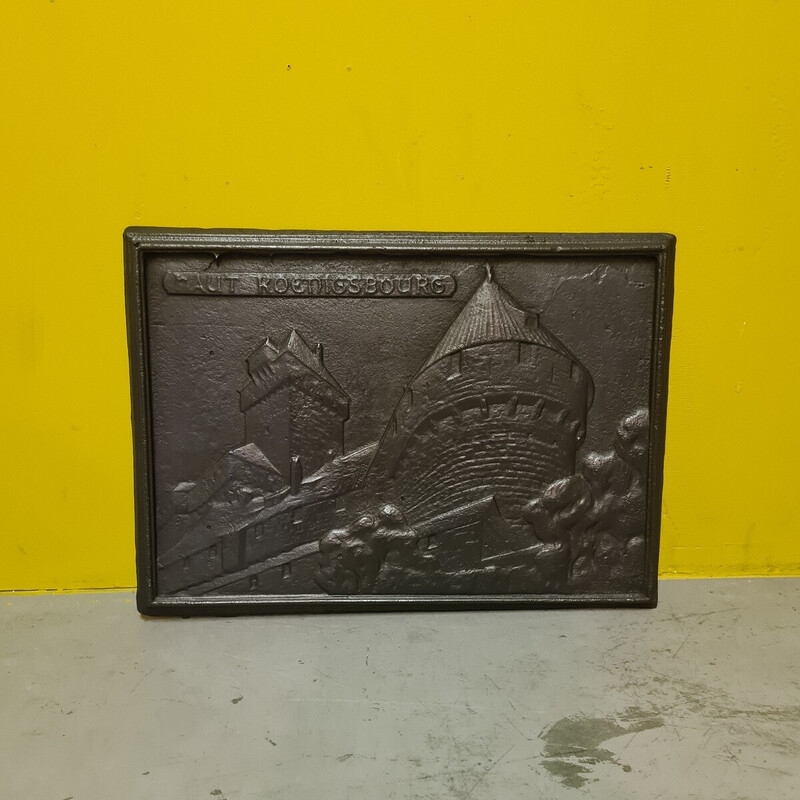 Vintage French cast iron fireback with an image of the Haut Koenigsbourg