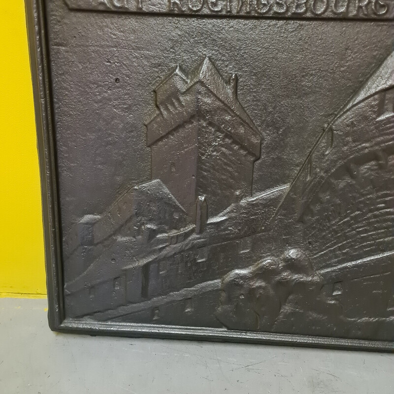 Vintage French cast iron fireback with an image of the Haut Koenigsbourg