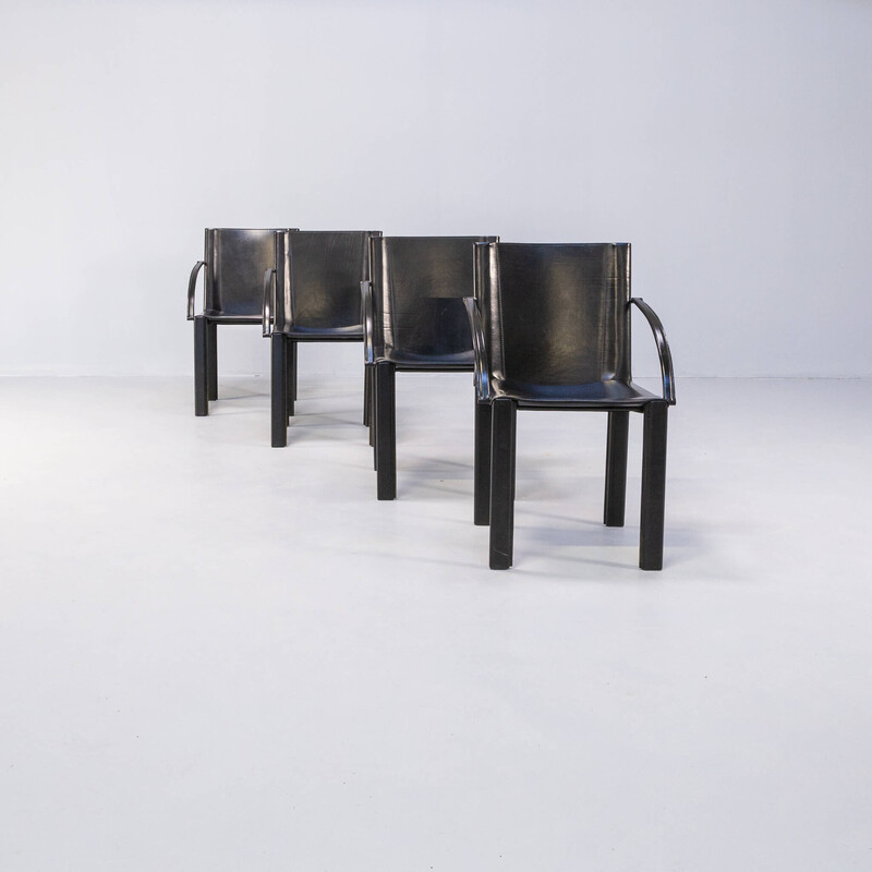 Juego de 4 sillas de comedor vintage de cuero negro de Carlo Bartoli para Matteo Grassi