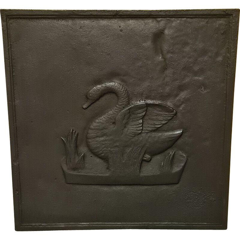 Vintage French cast iron fireback with a swan between the reeds