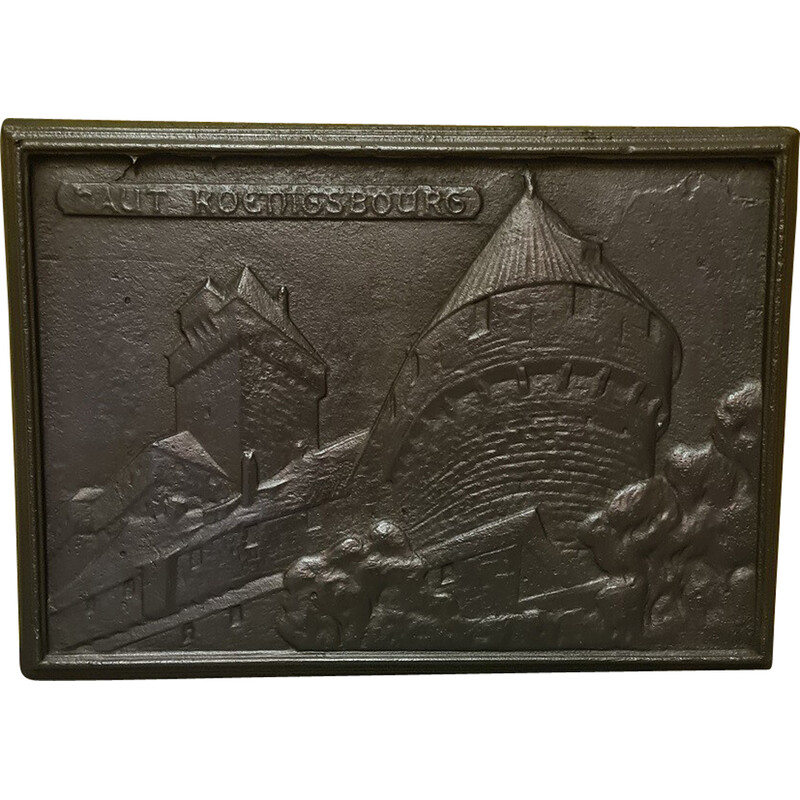 Vintage French cast iron fireback with an image of the Haut Koenigsbourg