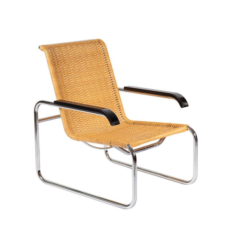 Vintage Bauhaus armchair with rattan weave