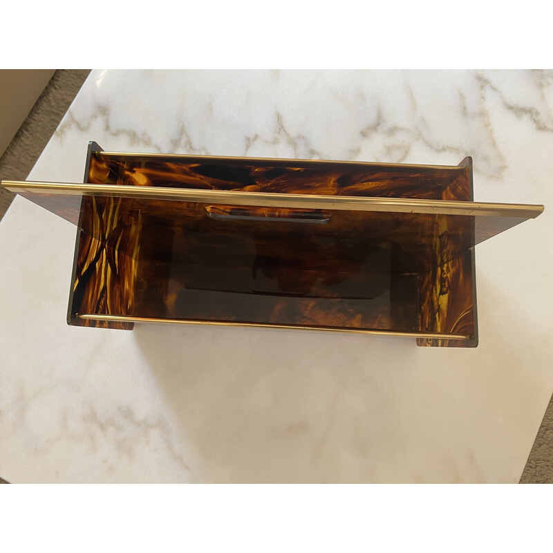 Vintage magazine rack in tortoise shell lucite and brass by Maison Mercier, 1970
